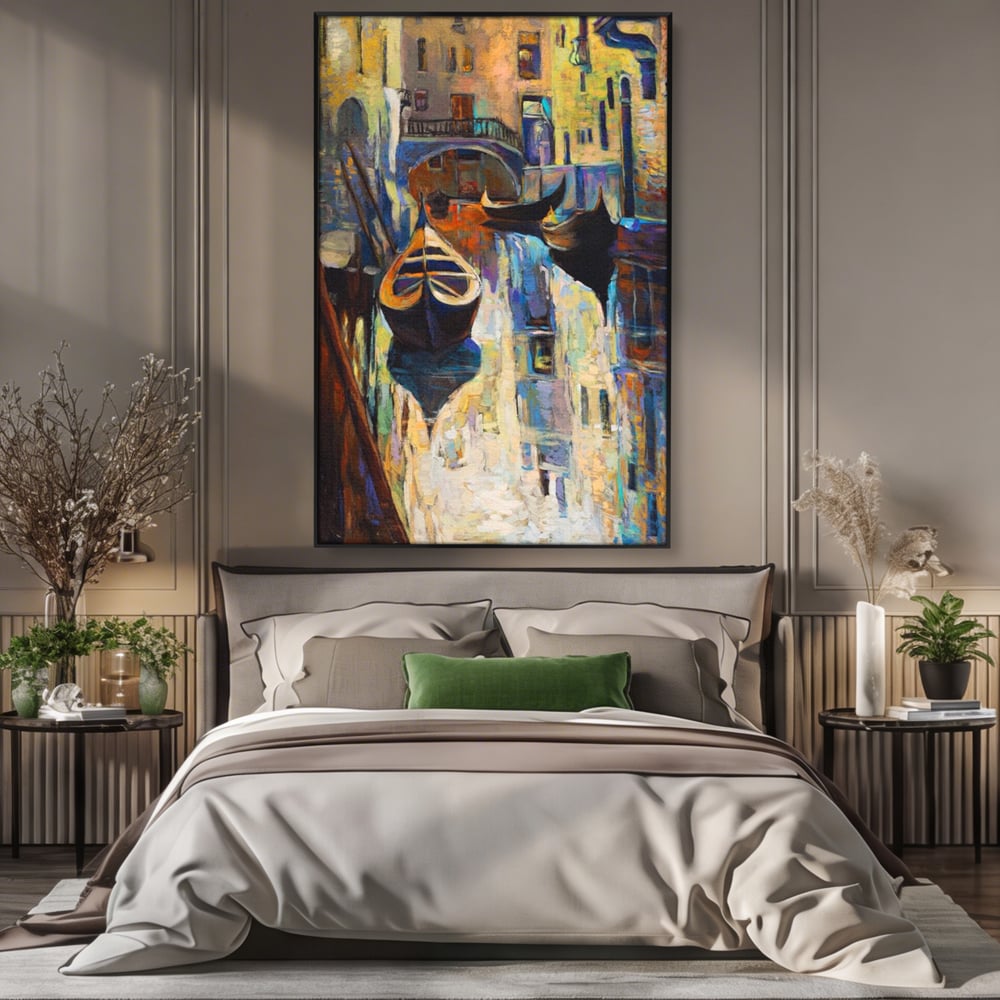 Tablou canvas cu pictura canvas cu gondole in venetia, in rama de aluminiu negru, pe perete intr-un dormitor